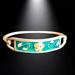 Vintage Silver .925 Hinged Bracelet Taxco‎ Mexico Abalone Flower Green Malachite